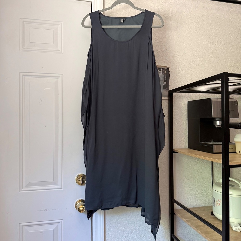 ELK grey washed black crew scoop neck draped asymmetrical sleeveless midi dress